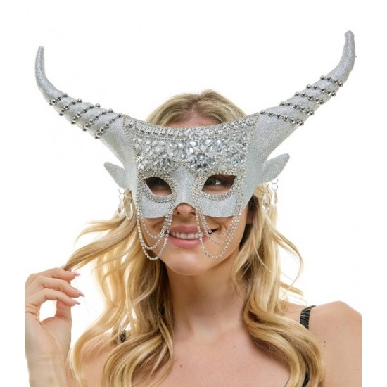 Silver Rhinestone Horned Fairy Mask with Chains Silver Rhinestone Horned Fairy Mask with Chains