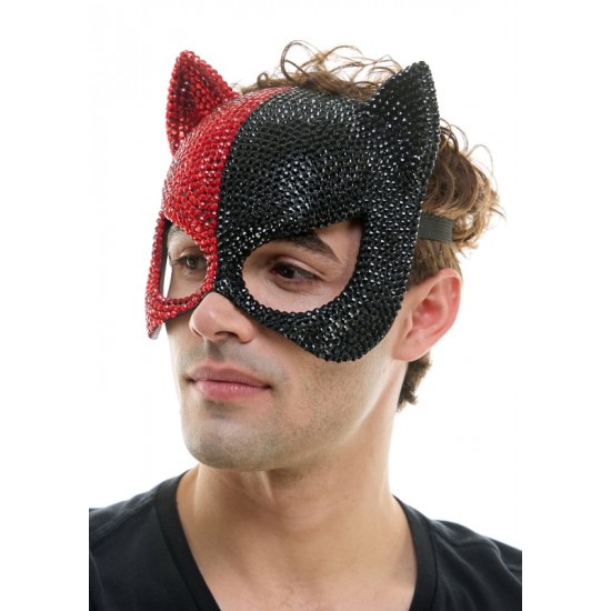 Black & Red Rhinestone Cat Mask