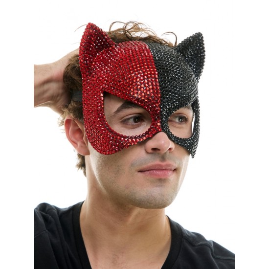 Black & Red Rhinestone Cat Mask