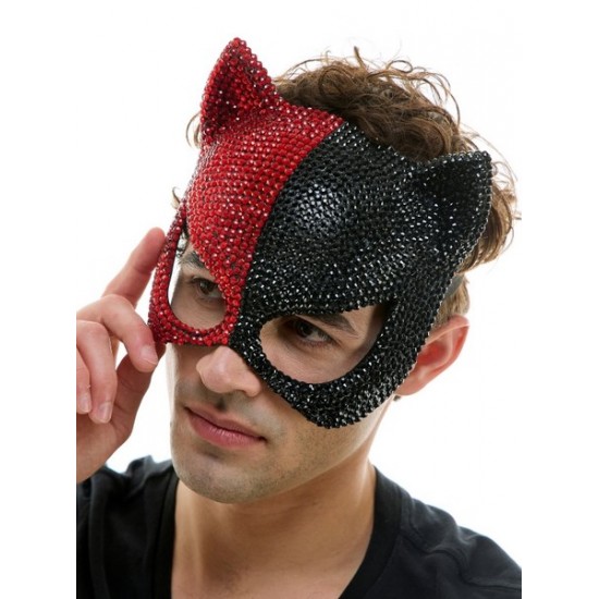 Black & Red Rhinestone Cat Mask