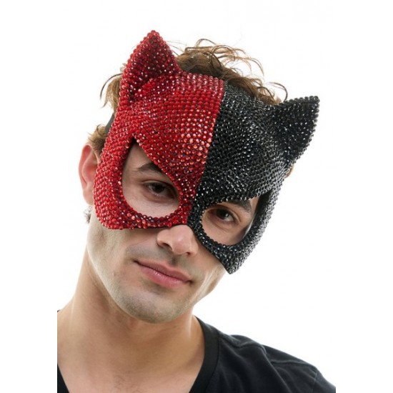 Black & Red Rhinestone Cat Mask