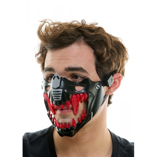 Light-Up Black Cyberpunk Mask with Red Fangs