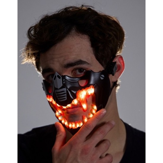 Light-Up Black Cyberpunk Mask with Red Fangs