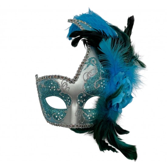 Sky Blue Silver Feather Mask