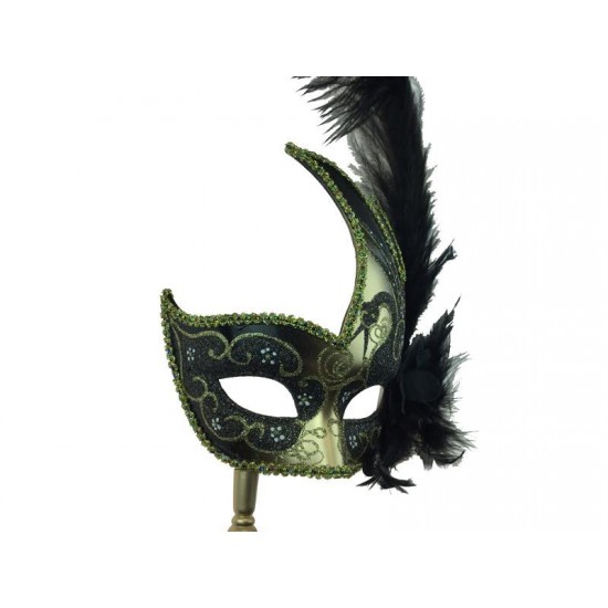 Black Gold Feather Mask With Stick
