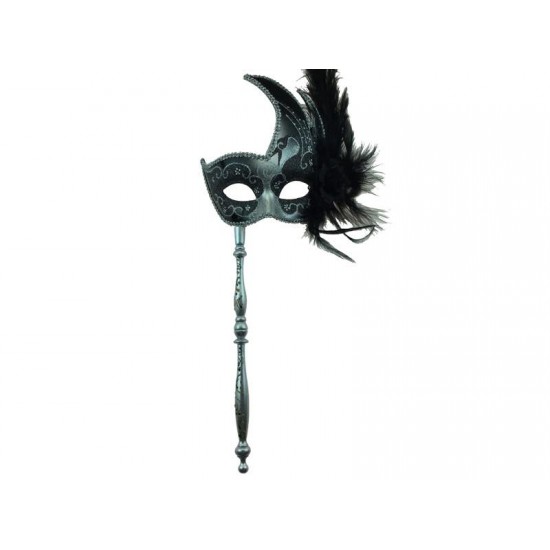 Black Silver Feather Mask With Stick