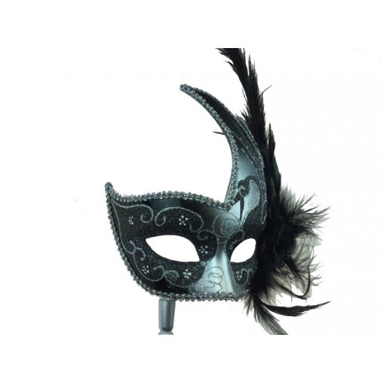 Black Silver Feather Mask With Stick
