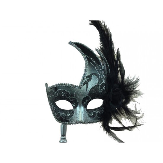 Black Silver Feather Mask With Stick