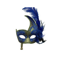 Blue Gold Feather Mask With Stick