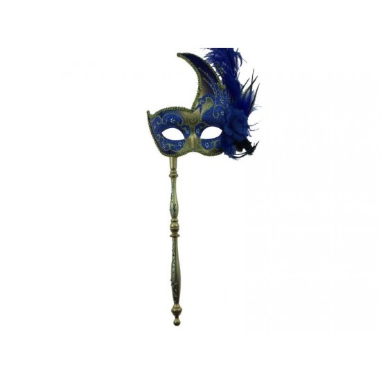 Blue Gold Feather Mask With Stick