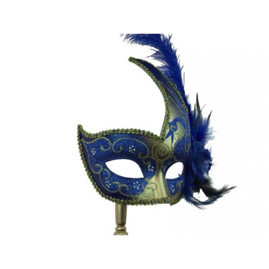 Blue Gold Feather Mask With Stick