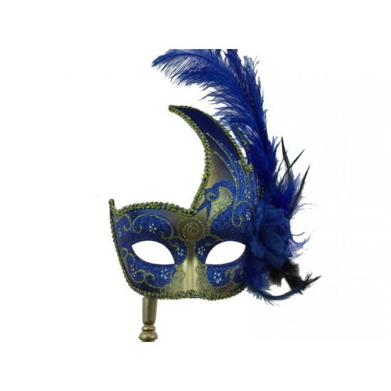 Blue Gold Feather Mask With Stick