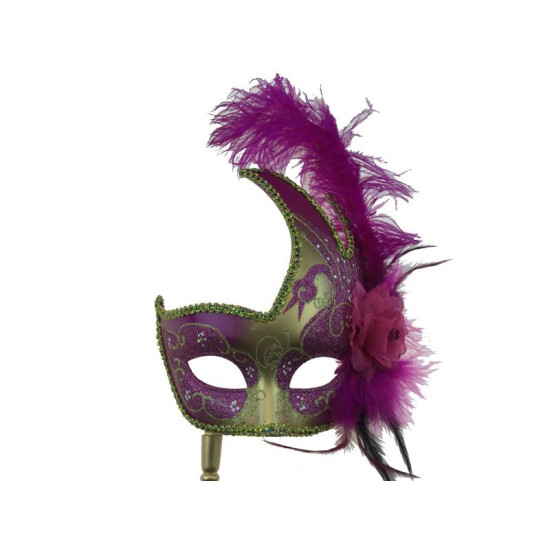Hot Pink Gold Feather Mask With Stick
