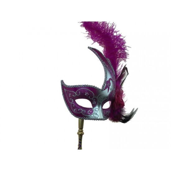 Hot Pink Silver Feather Mask With Stick