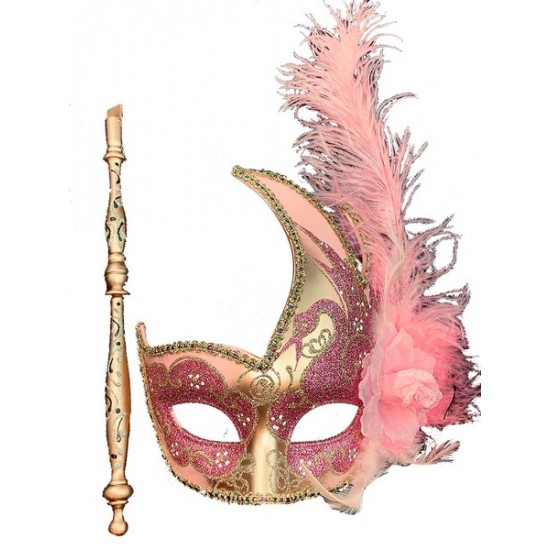 Pink Gold Venetian Mask With Stick