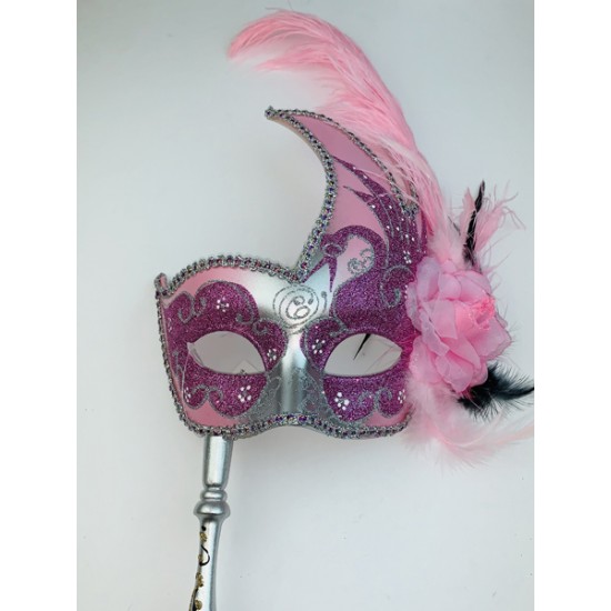 Pink Silver Venetian Mask With Stick