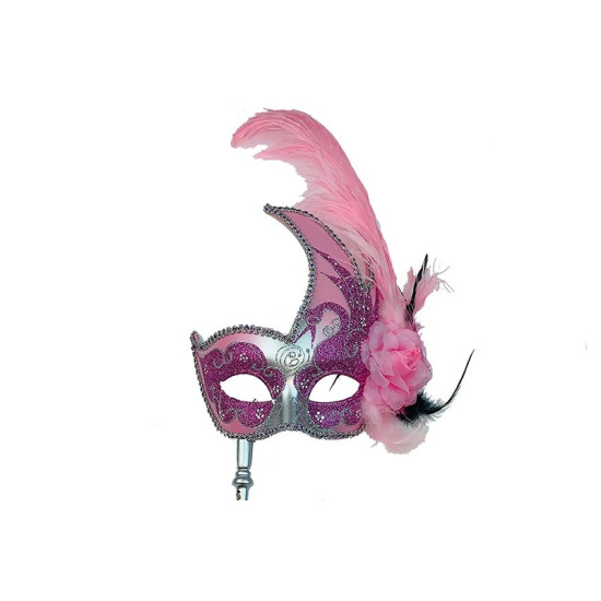 Pink Silver Venetian Mask With Stick