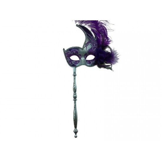 Purple Silver Venetian Mask With Stick