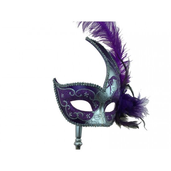 Purple Silver Venetian Mask With Stick