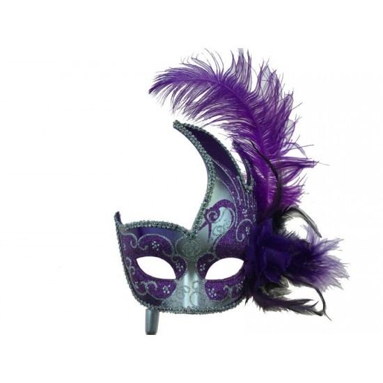 Purple Silver Venetian Mask With Stick