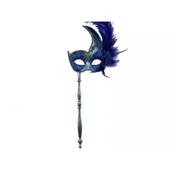 Blue Silver Feather Mask With Stick
