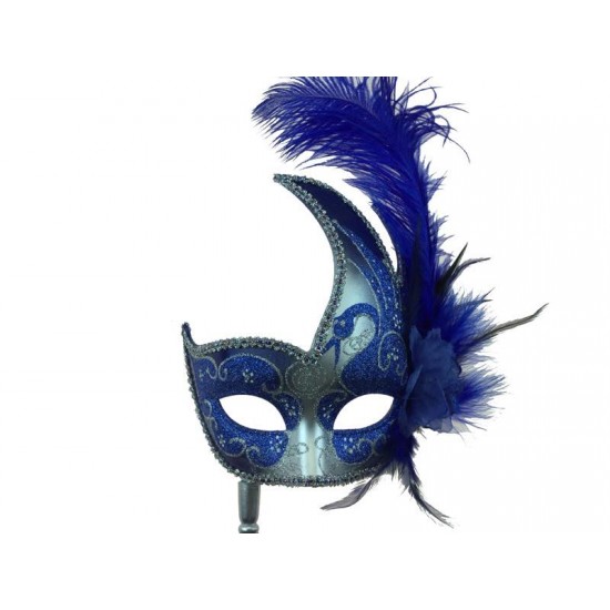 Blue Silver Feather Mask With Stick