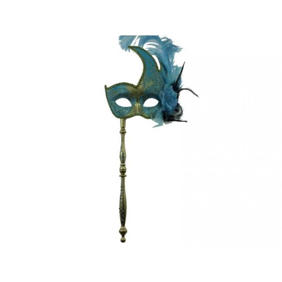 Sky Blue Gold Venetian Mask With Stick
