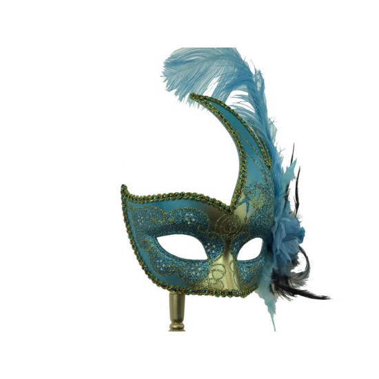 Sky Blue Gold Venetian Mask With Stick
