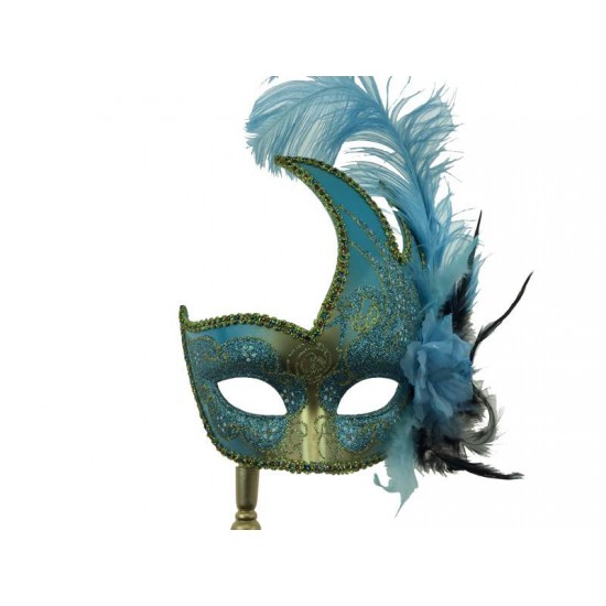 Sky Blue Gold Venetian Mask With Stick