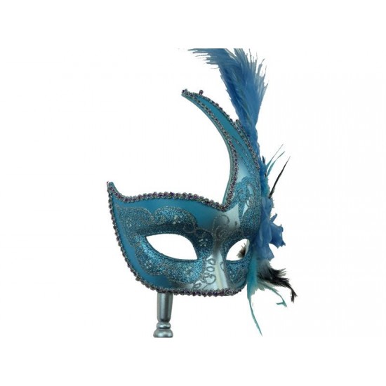 Sky Blue Silver Venetian Mask With Stick