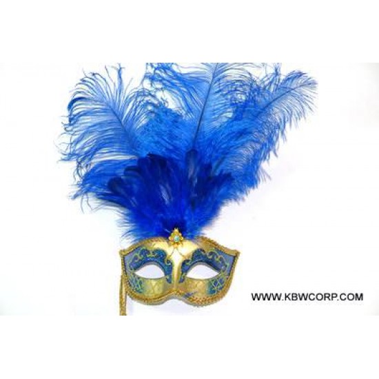 Blue Gold Feather Mask With Stick Blue Gold Feather Mask With Stick