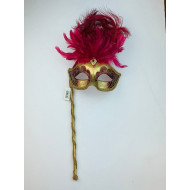 Burgundy Gold Feather Mask With Stick