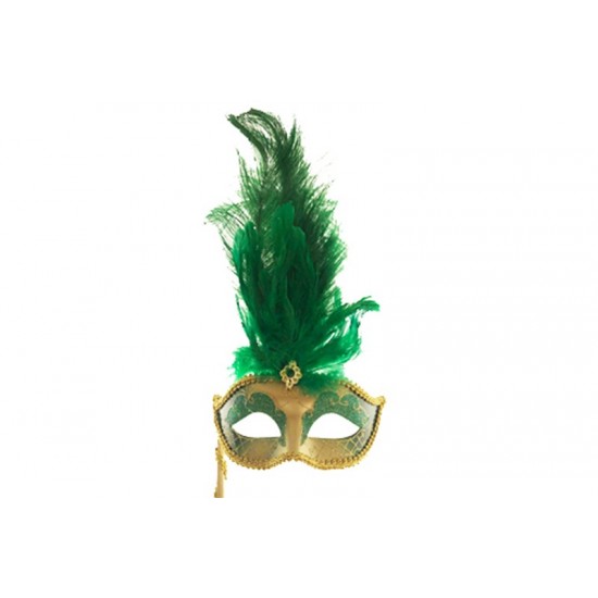 Green Gold Feather Mask With Stick