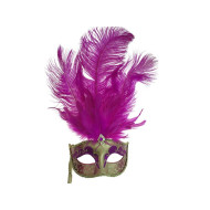Hot Pink Gold Feather Mask With Stick