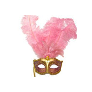 Pink Gold Feather Mask With Stick