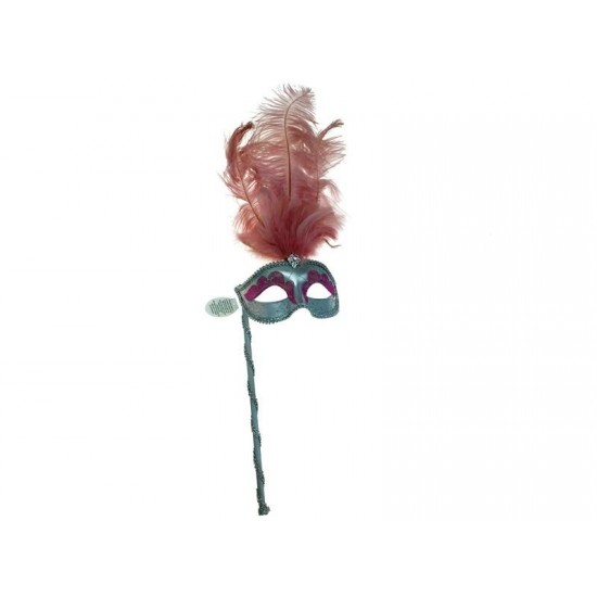 Pink Silver Feather Mask With Stick