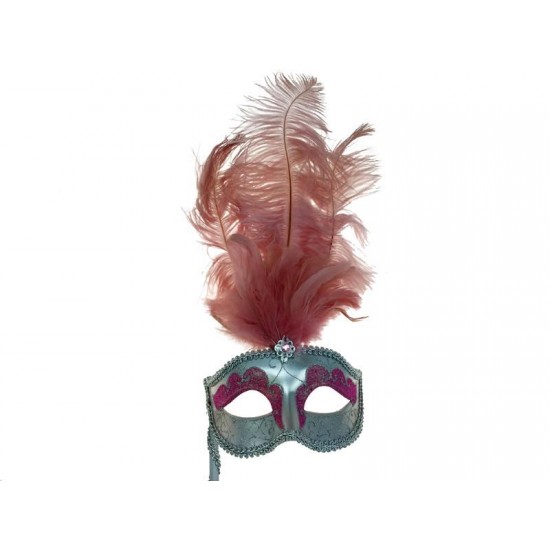 Pink Silver Feather Mask With Stick