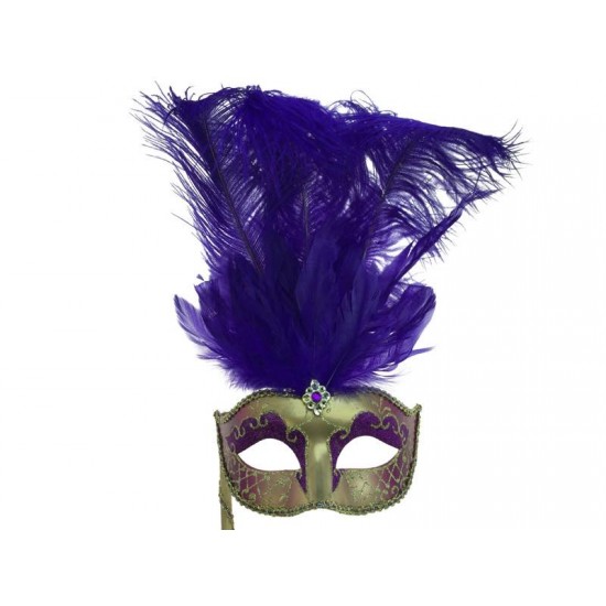 Purple Gold Feather Mask With Stick Purple Gold Feather Mask With Stick