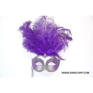 Purple Silver Feather Mask With Stick