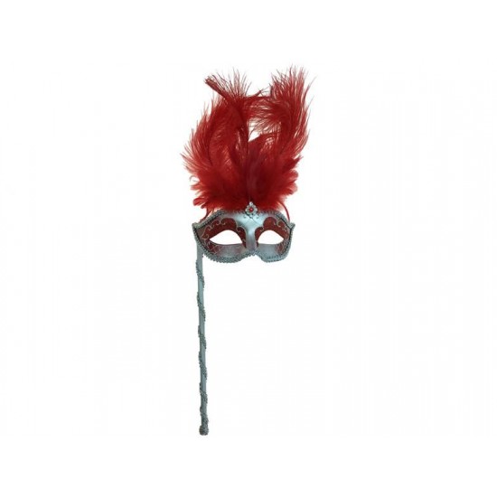 Red Silver Feather Mask With Stick Red Silver Feather Mask With Stick