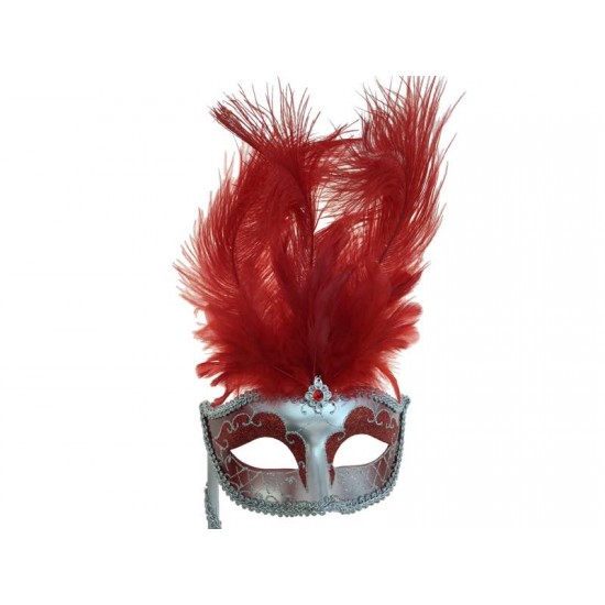 Red Silver Feather Mask With Stick Red Silver Feather Mask With Stick