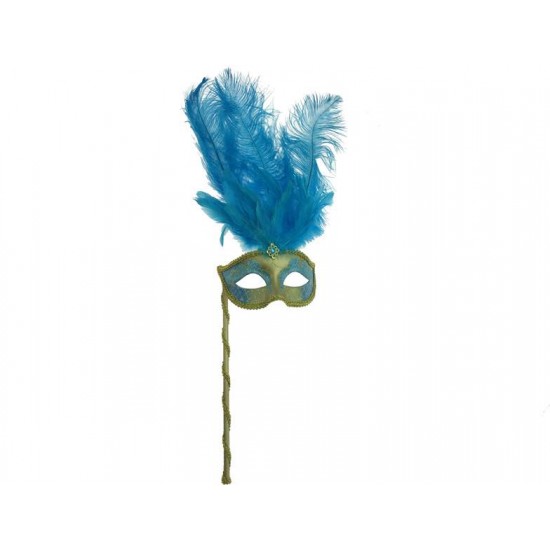 Sky Blue Gold Feather Mask With Stick Sky Blue Gold Feather Mask With Stick