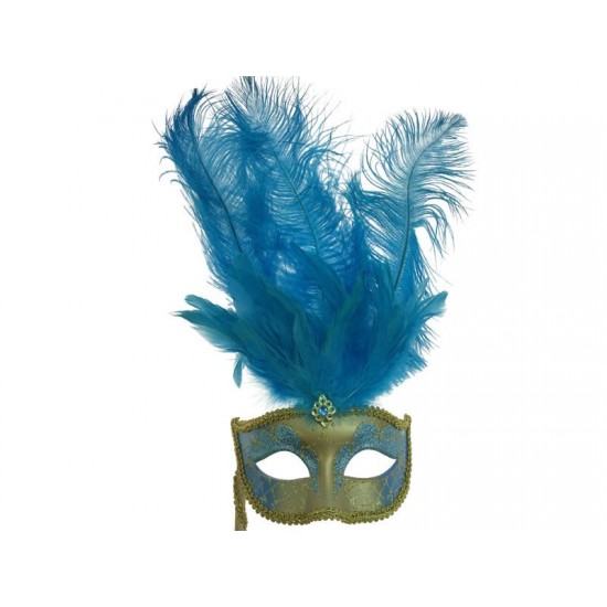 Sky Blue Gold Feather Mask With Stick Sky Blue Gold Feather Mask With Stick
