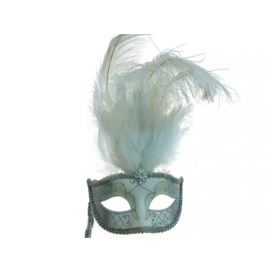 White Silver Feather Mask with Stick White Silver Feather Mask with Stick