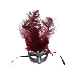 Burgundy Silver Venetian Mask With Feathers