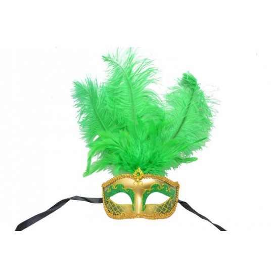 Green Gold Venetian Mask With Feathers