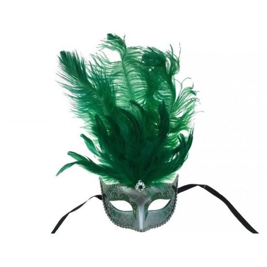 Green Silver Venetian Mask With Feathers