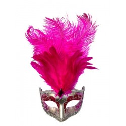 Hot Pink Silver Venetian Mask With Feathers