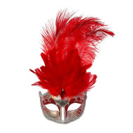 Red Silver Venetian Feather Mask