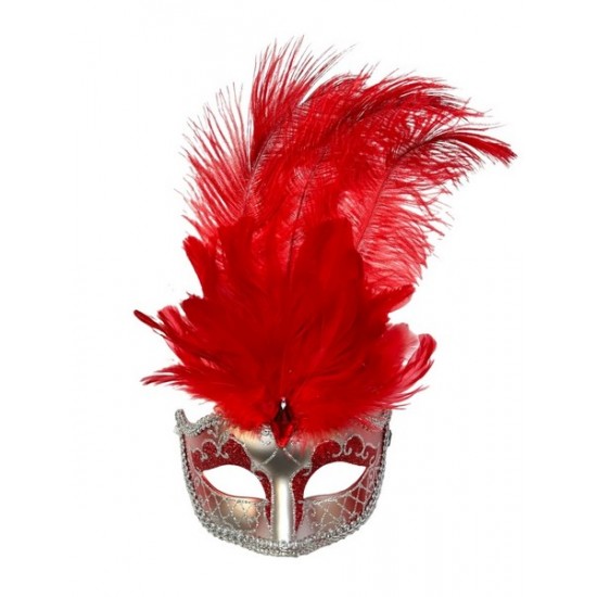 Red Silver Venetian Feather Mask